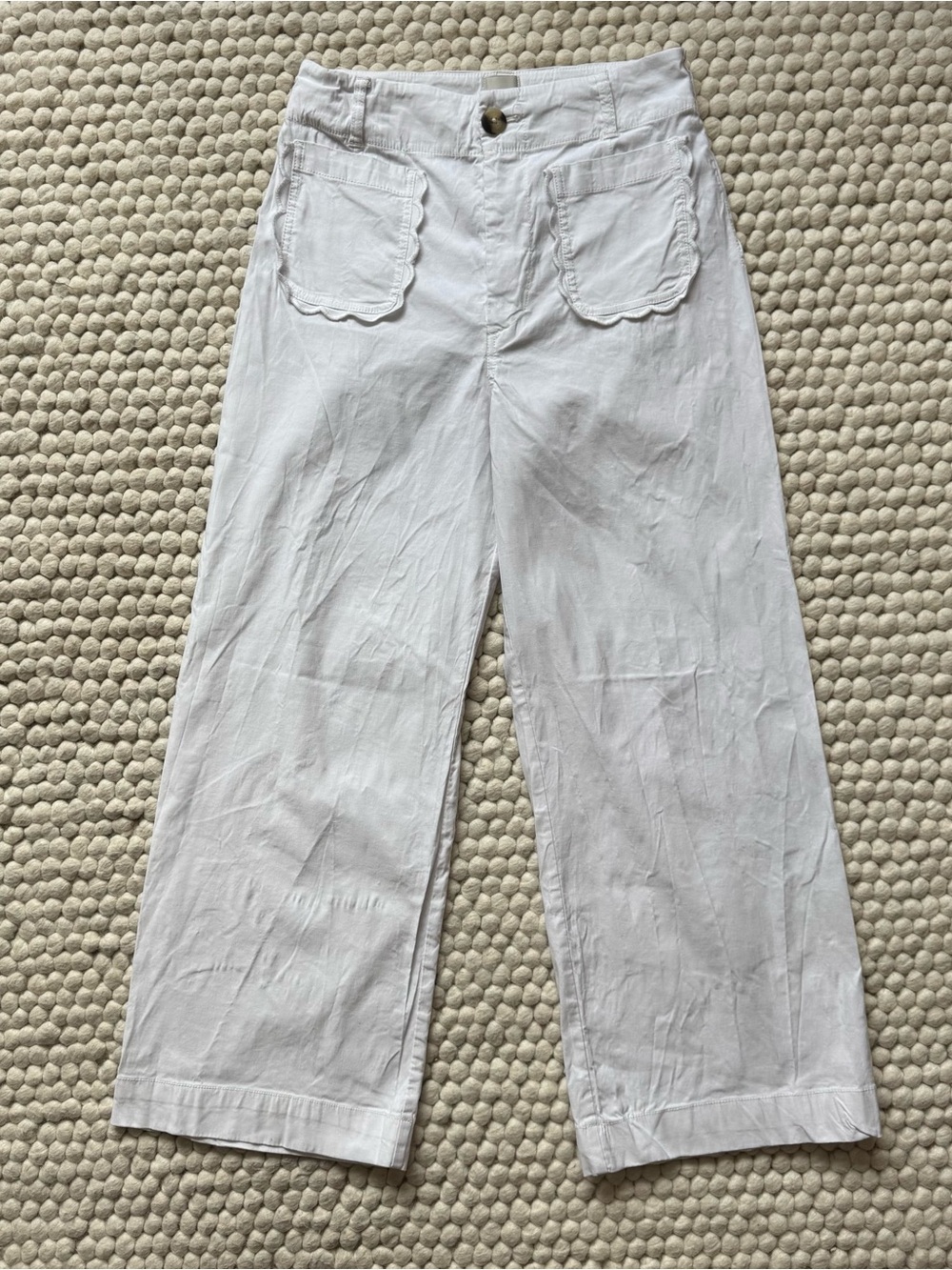 Anthropologie White Scalloped-Pocket Straight-Leg Pants